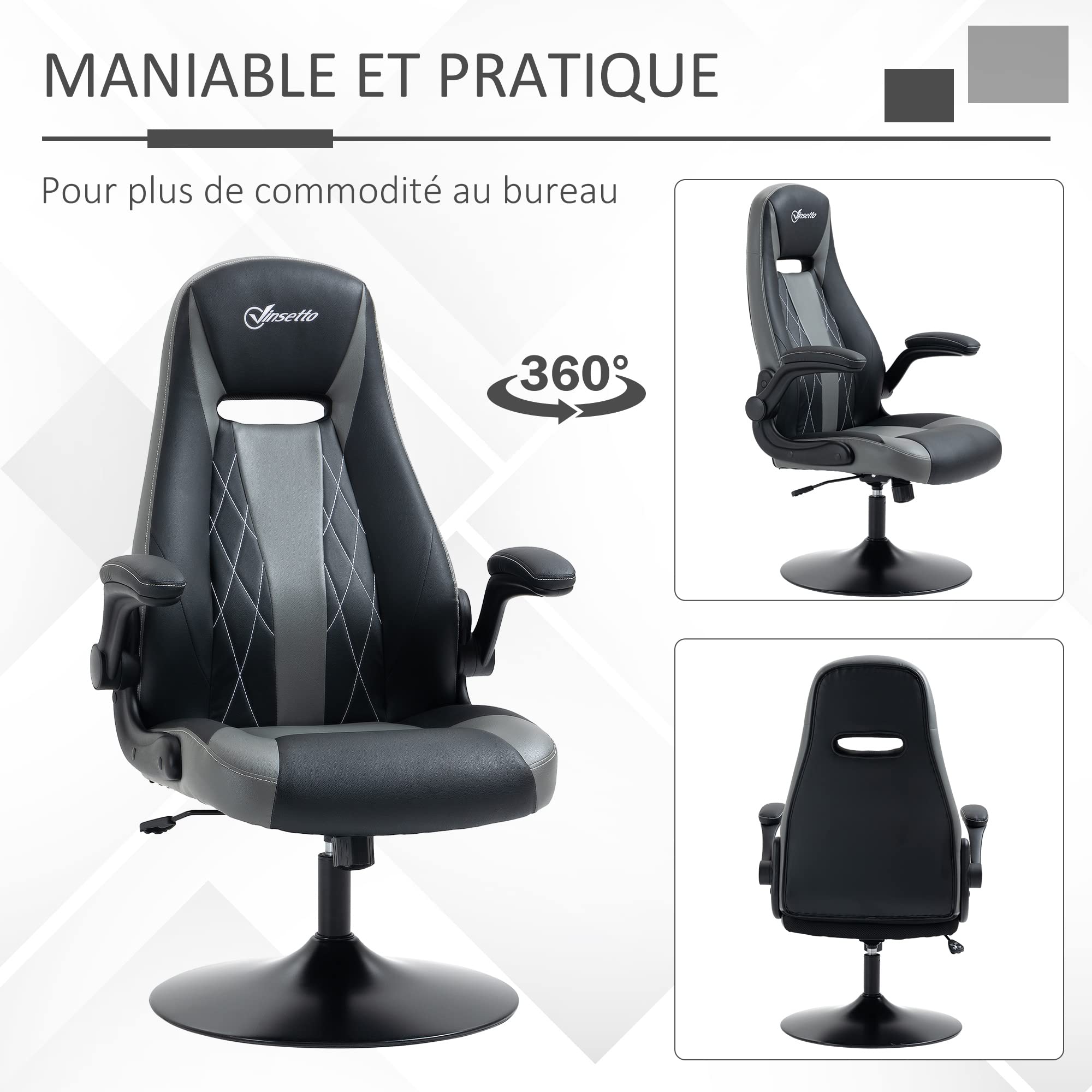 Vinsetto Chaise de Gaming Ergonomique avec Base Ronde métal pivotante 360° Hauteur réglable têtière accoudoirs relevables PVC Gris Noir