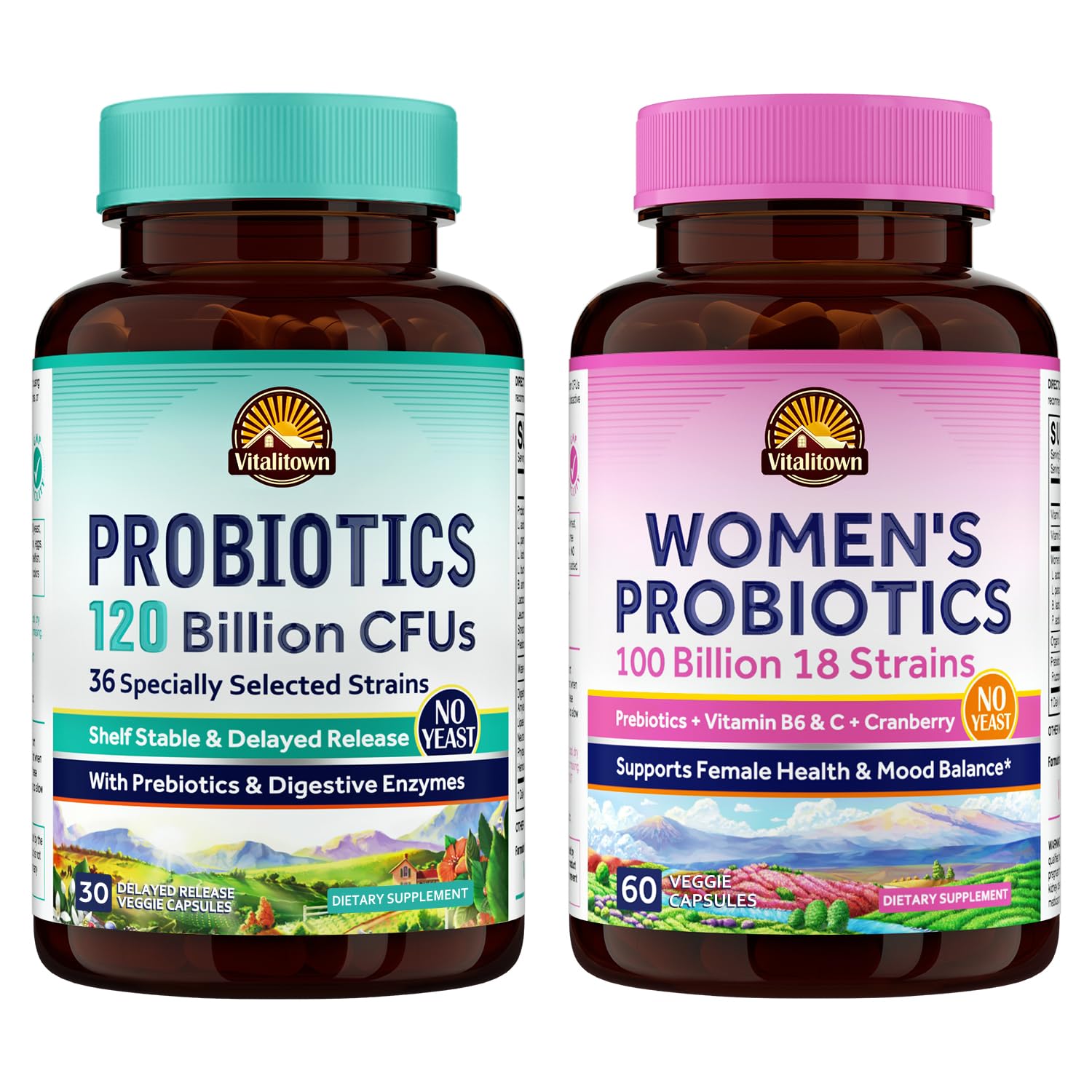 Vitalitown Probiotic Bundle (Pack of 2) | Probiotics 120 Billion CFUs (Item 1) & Women’s Probiotics P5P (Item 2) | Shelf Stable | Gut, Immune, Vaginal & Hormone Health