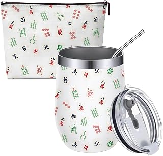 Mahjong Gifts for Women - Stainless Steel Insulated Tumbler with Lid and Straw & Canvas Makeup Bag, Mahjong Accessories and Supplies, Portable Mah Jongg Accessories