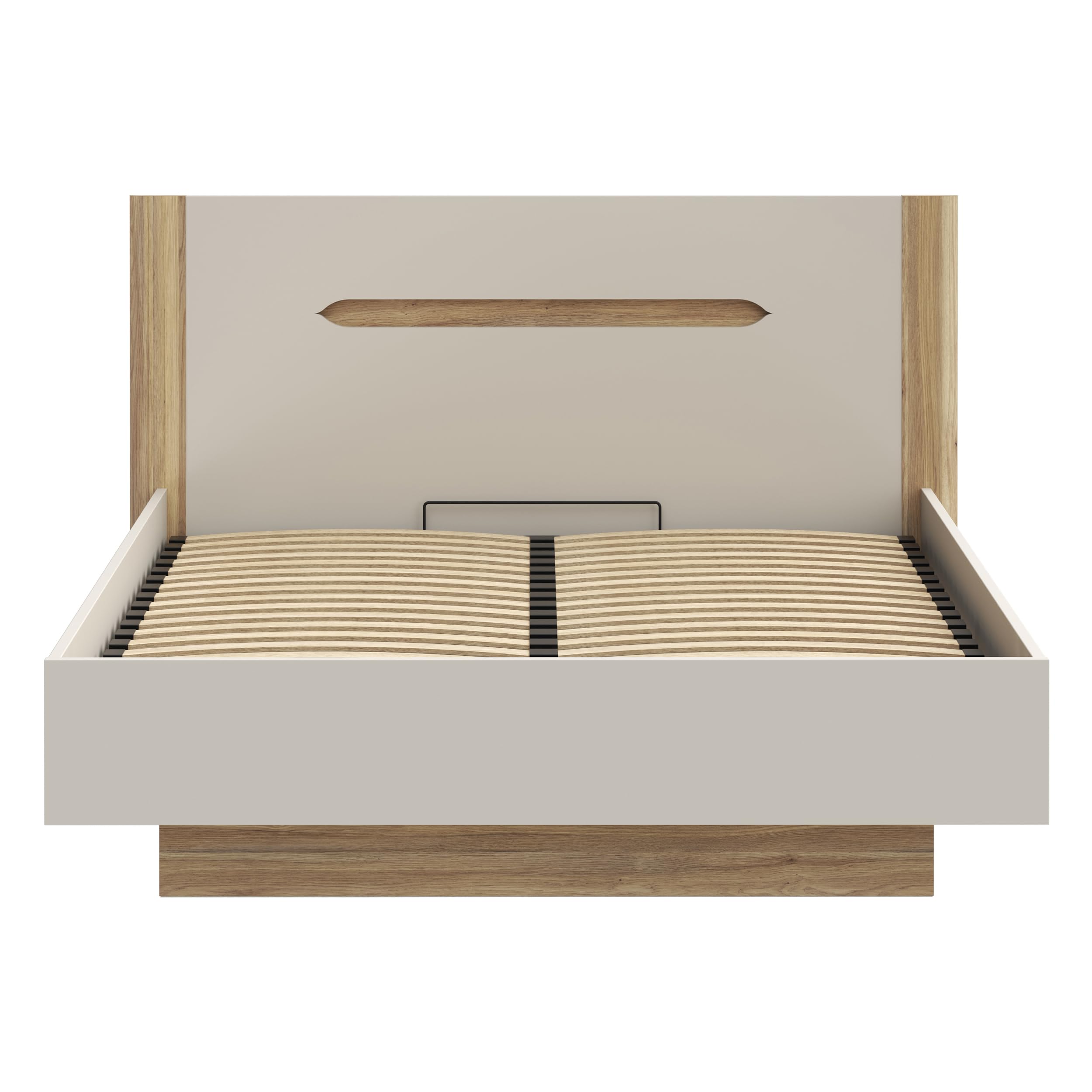 Forte EDWAL Bett Liegefläche 160 cm, modernes Bettgestell mit Stauraum unter dem Lattenrost, Holzwerkstoff, Kaschmir |Beige Holzdekor, 176,2 cm breit x 105,7 cm hoch x 206,6 cm tief