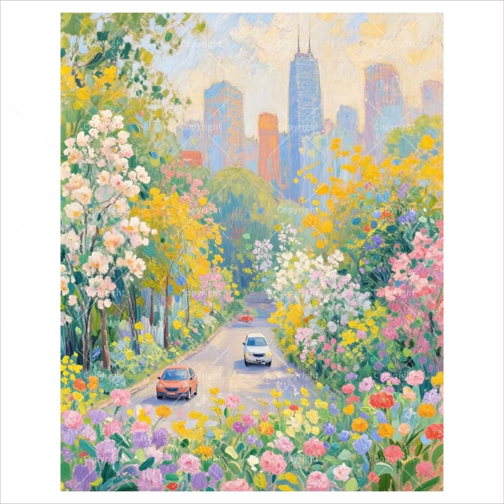 Spring City Road Paint by Numbers Kit for Adults - DIY Colorful Flower Street Painting on Canvas 16x20 Inches, Frameless Acrylic Paint Set, Suitable for Beginners, Art for Home Decoration or Gifts