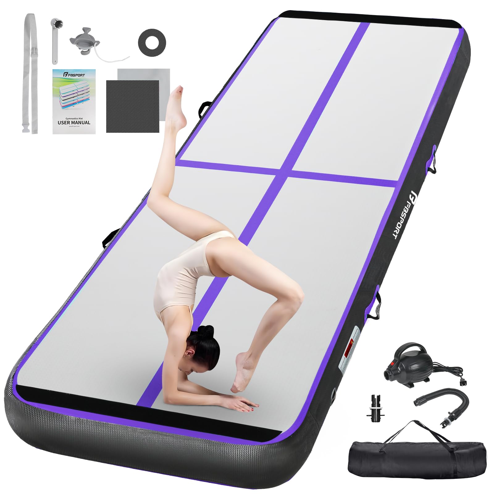 FBSPORT Inflatable Air Gymnastics Mat Training Mats 4/8 inches Thickness Gymnastics Tracks for Home Use/Training/Cheerleading/Yoga/Water with Pump