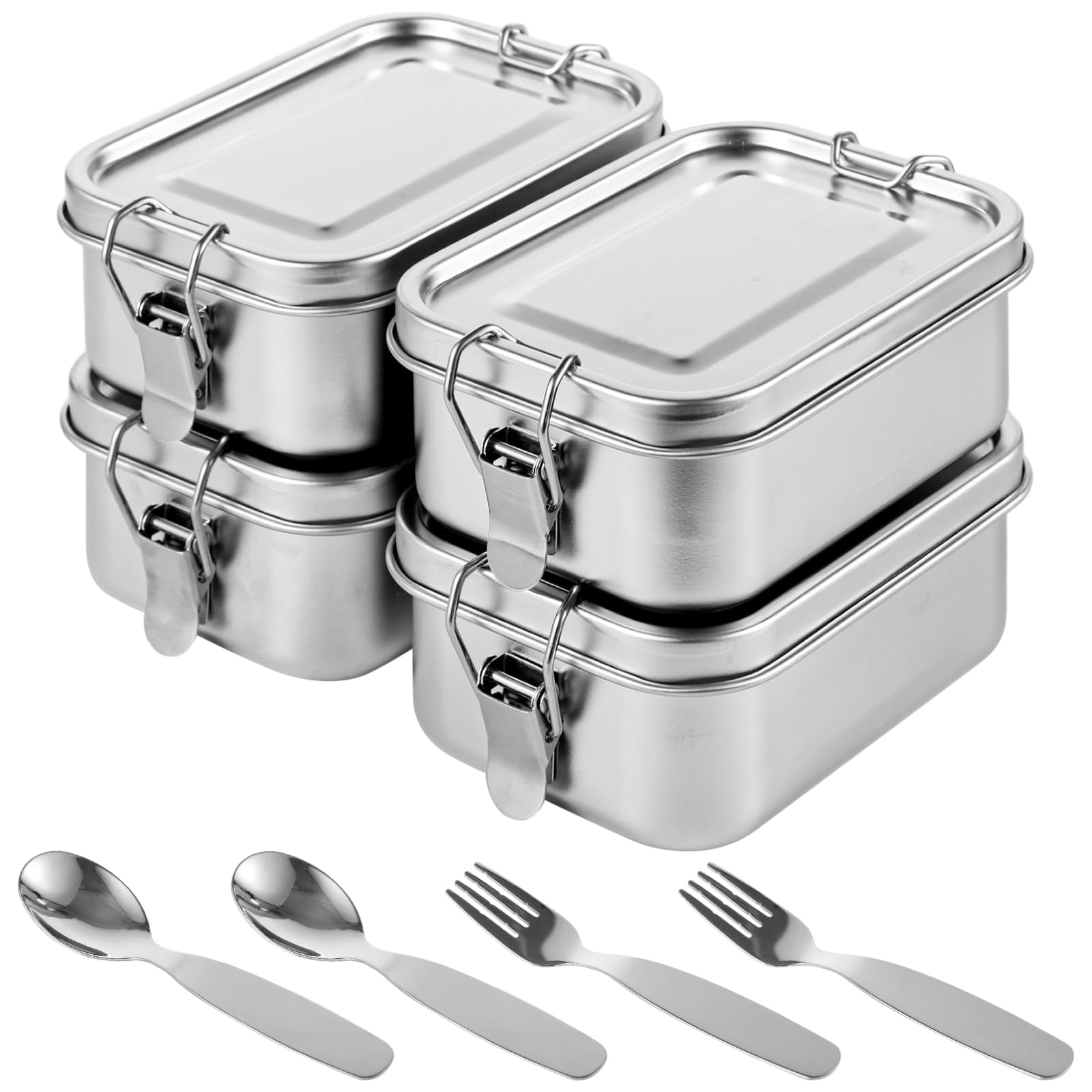 304 Edelstahl Lunchbox Set, 4 stapelbare Behälter mit Verriegelungsdichtung, 550 ml, inklusive Besteck für Büro und Kinder