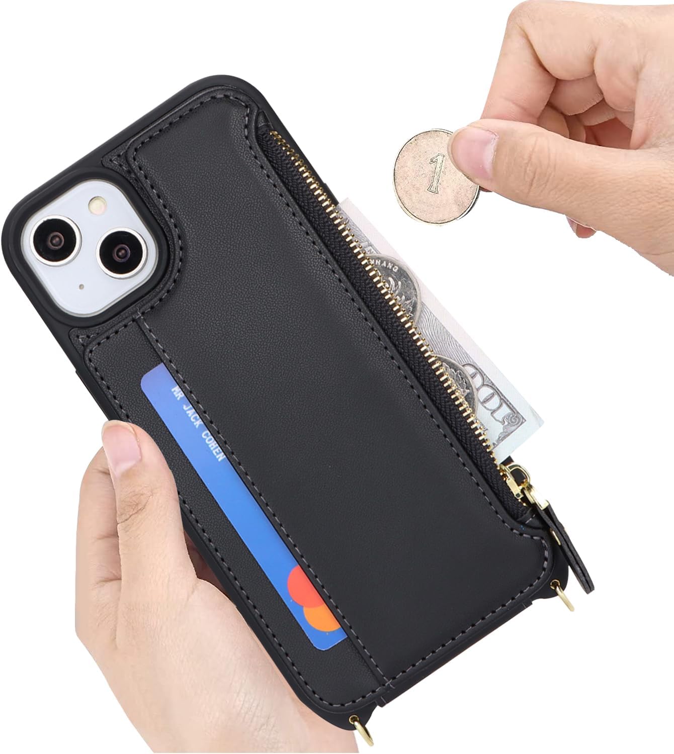 Cavor for iPhone 14 Plus Wallet Case with Card Holder for Women,for iPhone 14 Plus Case with Strap,Crossbody Lanyard and Wristlet Zipper Pocket Phone Cover-Black - Image 6