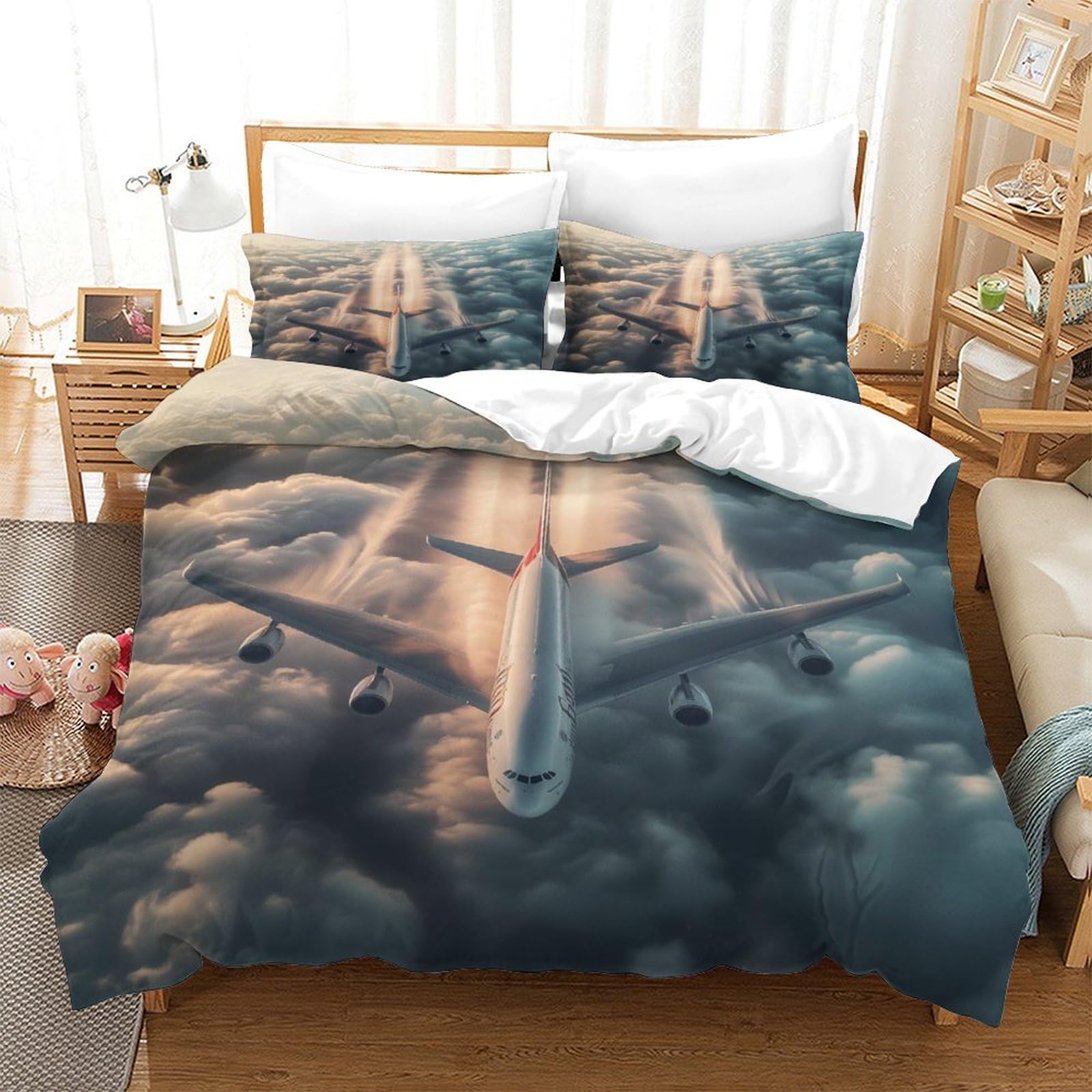 P1s9u7w5y Aircraft-2 3D Printed Aviation Plane 3Pcs Microfiber Cloud Duvet Cover Set Sky Bedding Set King（220X240cm）