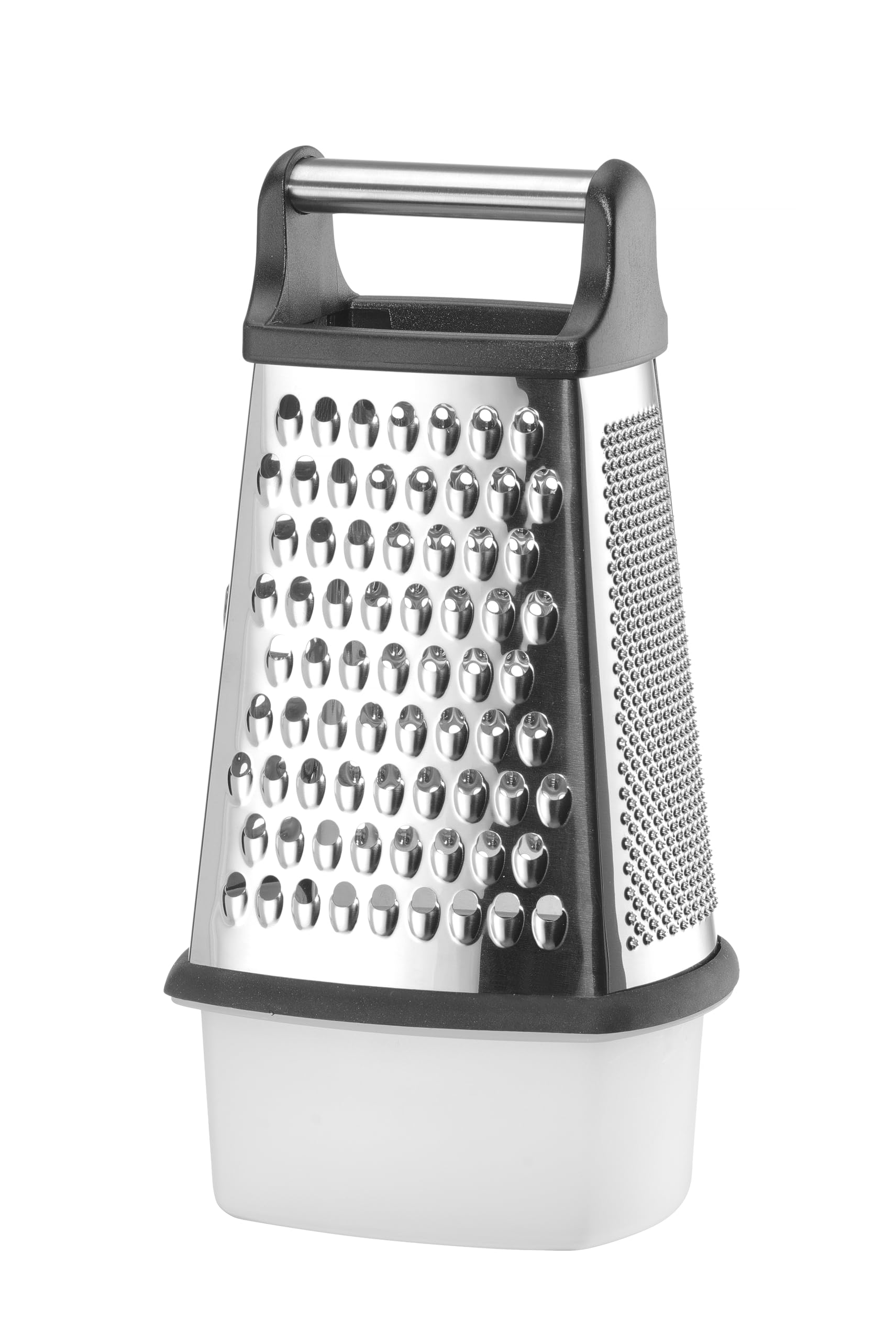 HENDI Vierkantreibe, 4-seitig, mit Behälter, rutschfester Boden, fein, mittel, grob und Scheiben, ergonomischer Griff, Gemüsereibe, Gemüsehobel, Küchenreibe, 158x130x(H)310mm, Edelstahl, ABS, PP