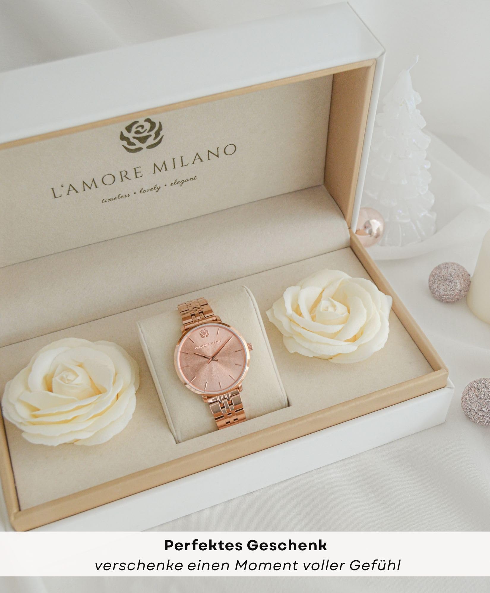 L'AMORE MILANO Damenuhr Rosenbox - Hochwertige Armbanduhr Edelstahl mit luxuriösem eckigem Design, wasserdicht 5 ATM - Edles Geschenk für Frauen, Freundin, Mutter - 36mm Damen Uhr