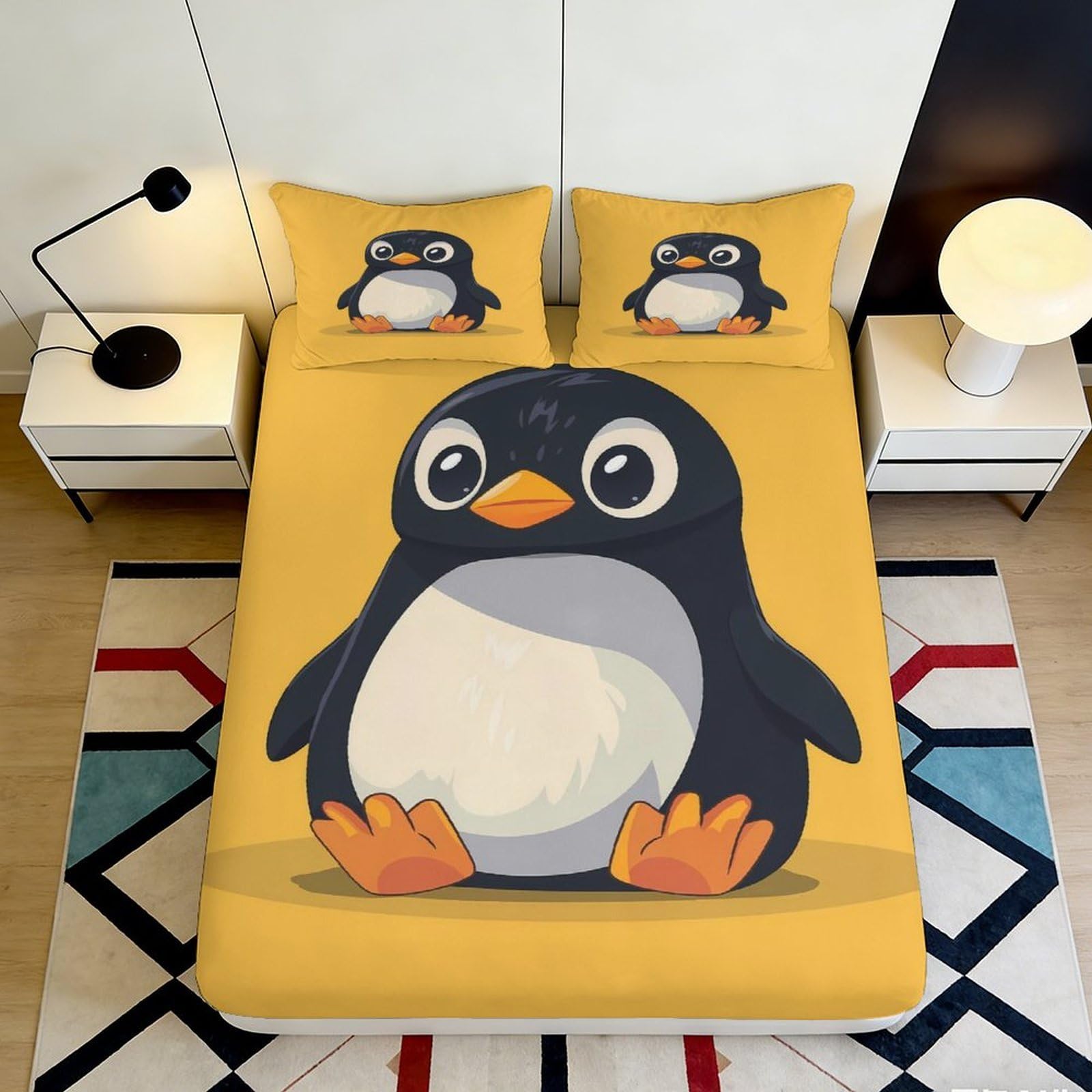 3D Printed Cartoon Penguin Fitted Sheet Microfiber Yellow Bed Cover for Bedroom Guest Room Dorm Mattress Decor 90x200x25cm