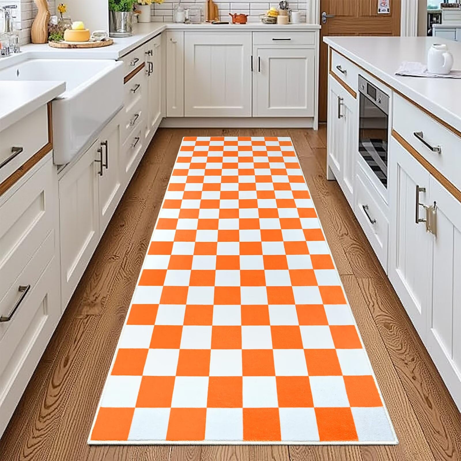 Terrug Orange and White Checkered Area Rug for Kitchen,2x6 Runner Rugs Washable with Non Slip for Bedroom,Soft Low Pile Stain Resistance Retro Carpet for Entryway Hallway