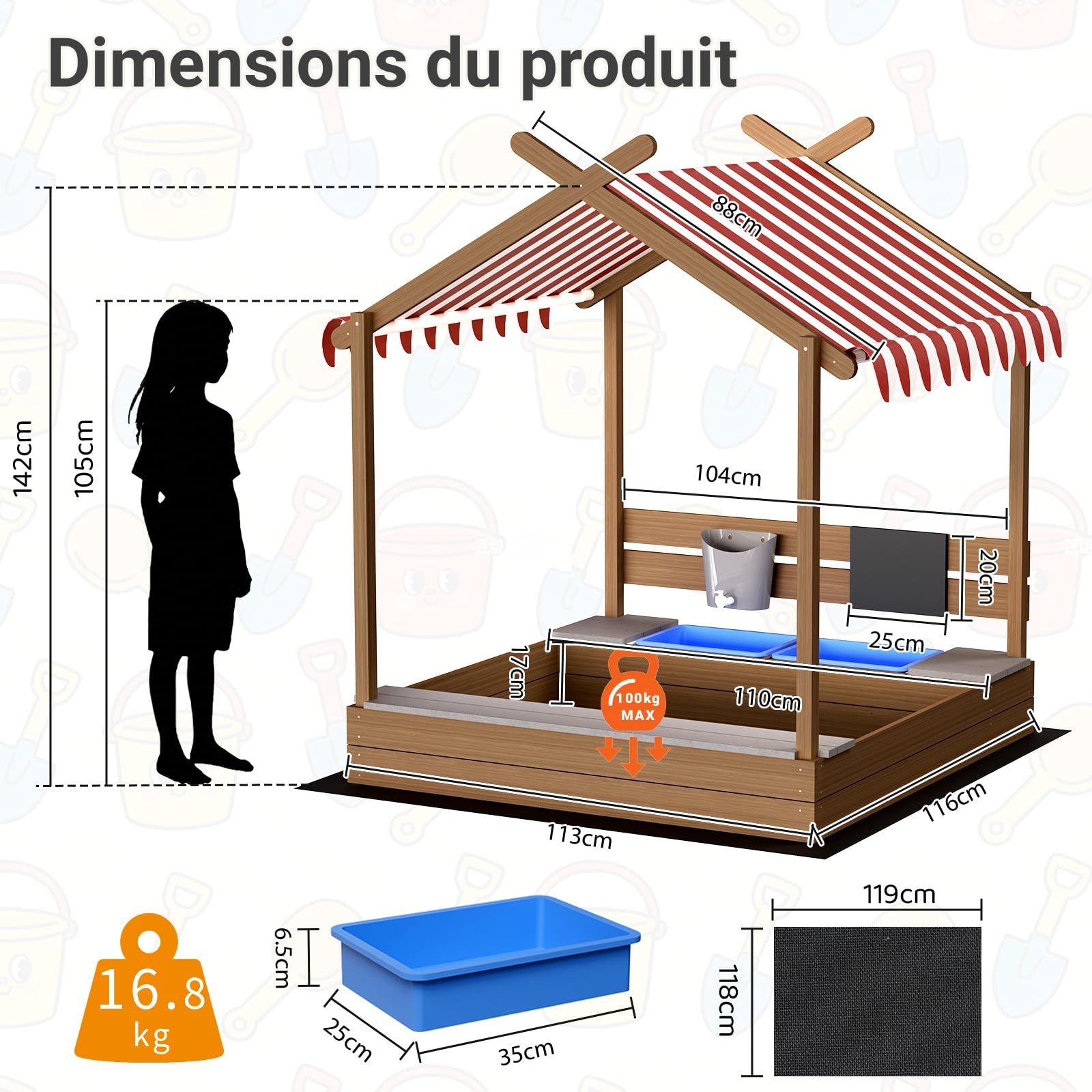 MAMIZO Grand Bac à Sable Extérieur pour Enfants 3-10 Ans, Bac a Sable en Bois avec Couvercle, 2 Bassin, Bac à Sable aux Jardins, Plages, Balcons, Base en Tissu Non tissé Noir, 113x116x142 cm