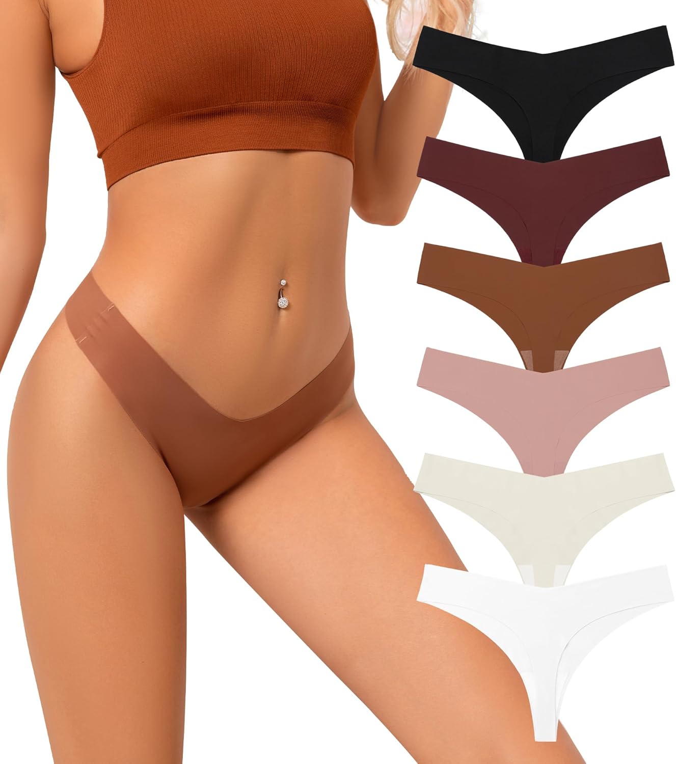 Seamless Thongs for Women V-Shaped No Show Panties Soft Comfortable Breathable Workout Underwear Multiple Pack A- 6 Pack Small