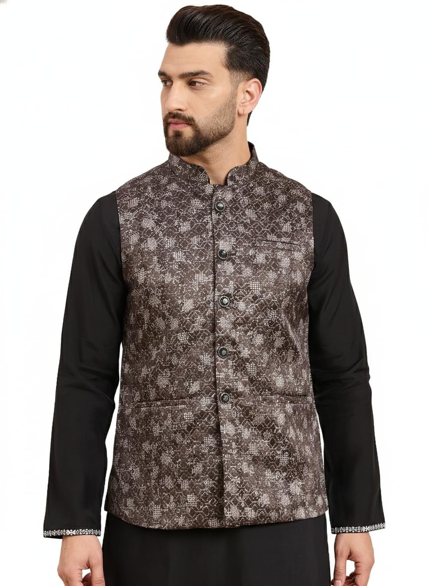 amazon brand - tavasya Men brown printed jacquard nehru jacket (HOPMJ0293_XXL)-picture-23