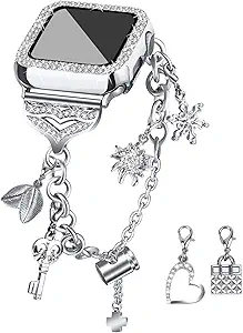 JOYOZY Band Compatible with Apple Watch 38mm 40mm 41mm 42mm 44mm 45mm 46mm, Bling Strap with Glitter Case Built-in Screen Protector, Interchangeable Charms Dressy Bracelet for Women