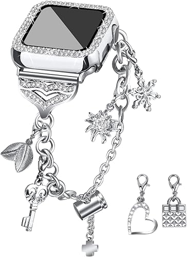 JOYOZY Band Compatible with Apple Watch 38mm 40mm 41mm 42mm 44mm 45mm 46mm, Bling Strap with Glitter Case Built-in Screen Protector, Interchangeable Charms Dressy Bracelet for Women