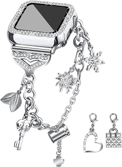 JOYOZY Band Compatible with Apple Watch 38mm 40mm 41mm 42mm 44mm 45mm 46mm, Bling Strap with Glitter Case Built-in Screen Protector, Interchangeable Charms Dressy Bracelet for Women