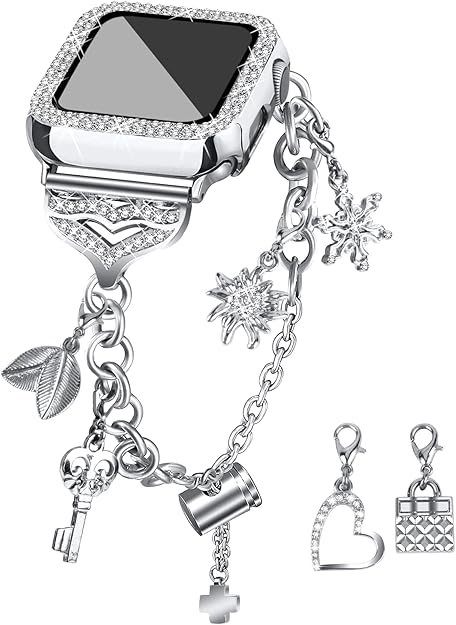 JOYOZY Band Compatible with Apple Watch 38mm 40mm 41mm 42mm 44mm 45mm 46mm, Bling Strap with Glitter Case Built-in Screen Protector, Interchangeable Charms Dressy Bracelet for Women