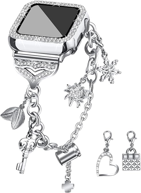 JOYOZY Band Compatible with Apple Watch 38mm 40mm 41mm 42mm 44mm 45mm 46mm, Bling Strap with Glitter Case Built-in Screen Protector, Interchangeable Charms Dressy Bracelet for Women