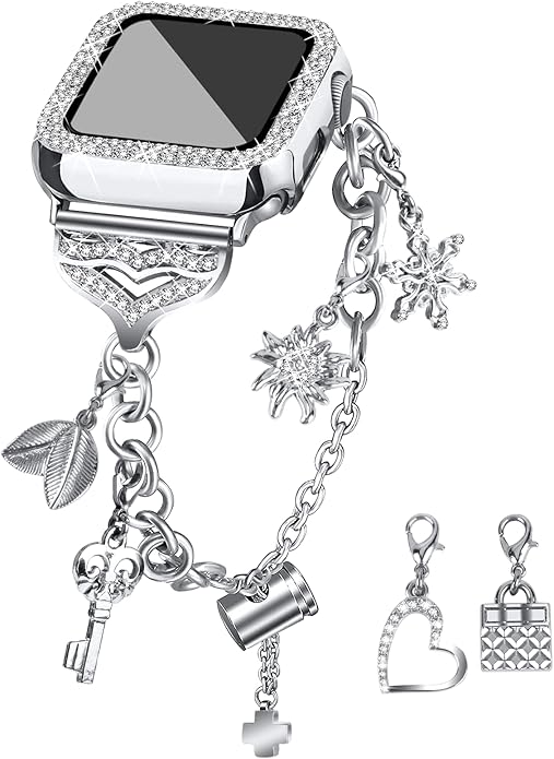 JOYOZY Band Compatible with Apple Watch 38mm 40mm 41mm 42mm 44mm 45mm 46mm, Bling Strap with Glitter Case Built-in Screen Protector, Interchangeable Charms Dressy Bracelet for Women