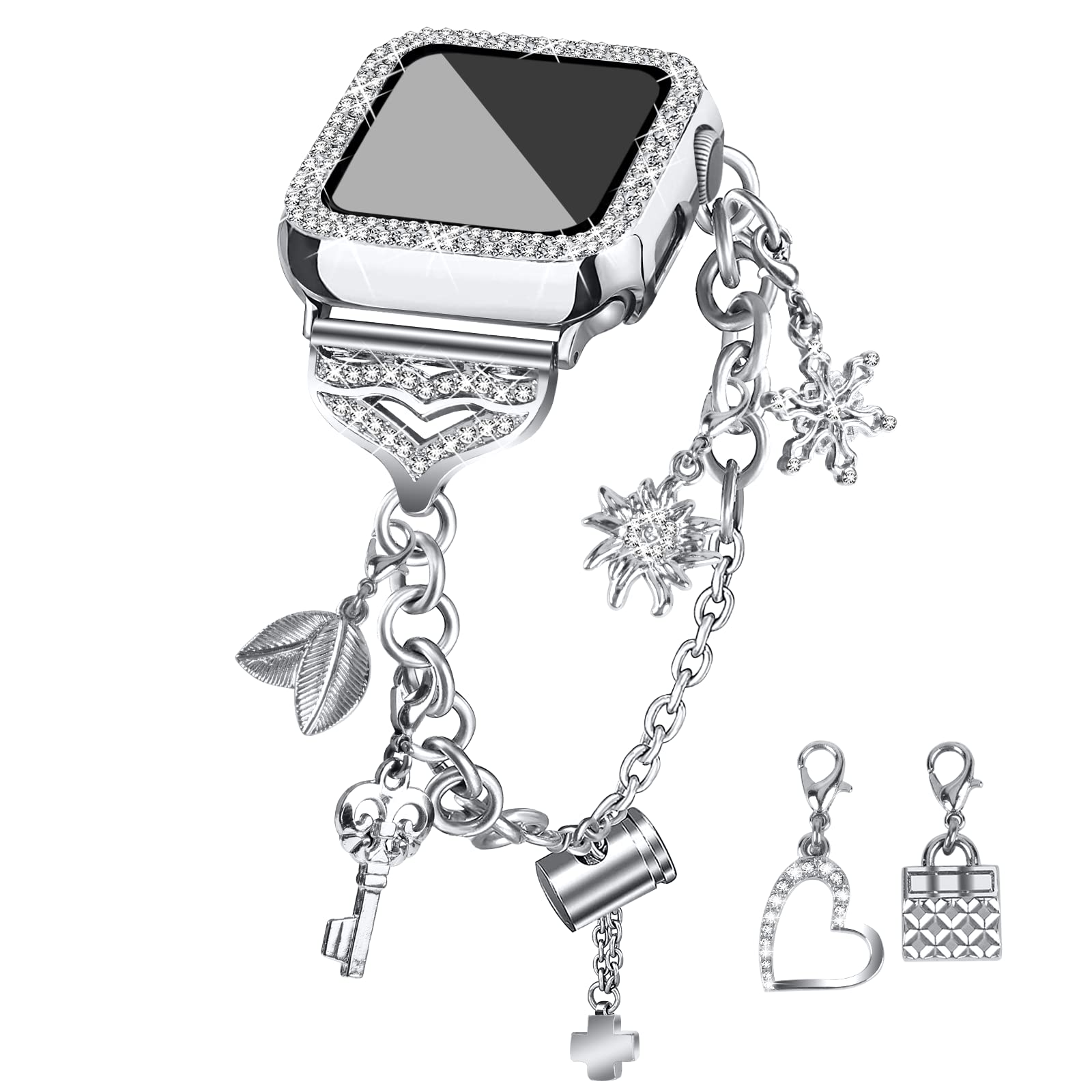 JOYOZY Band Compatible with Apple Watch 38mm 40mm 41mm 42mm 44mm 45mm 46mm, Bling Strap with Glitter Case Built-in Screen Protector, Interchangeable Charms Dressy Bracelet for Women