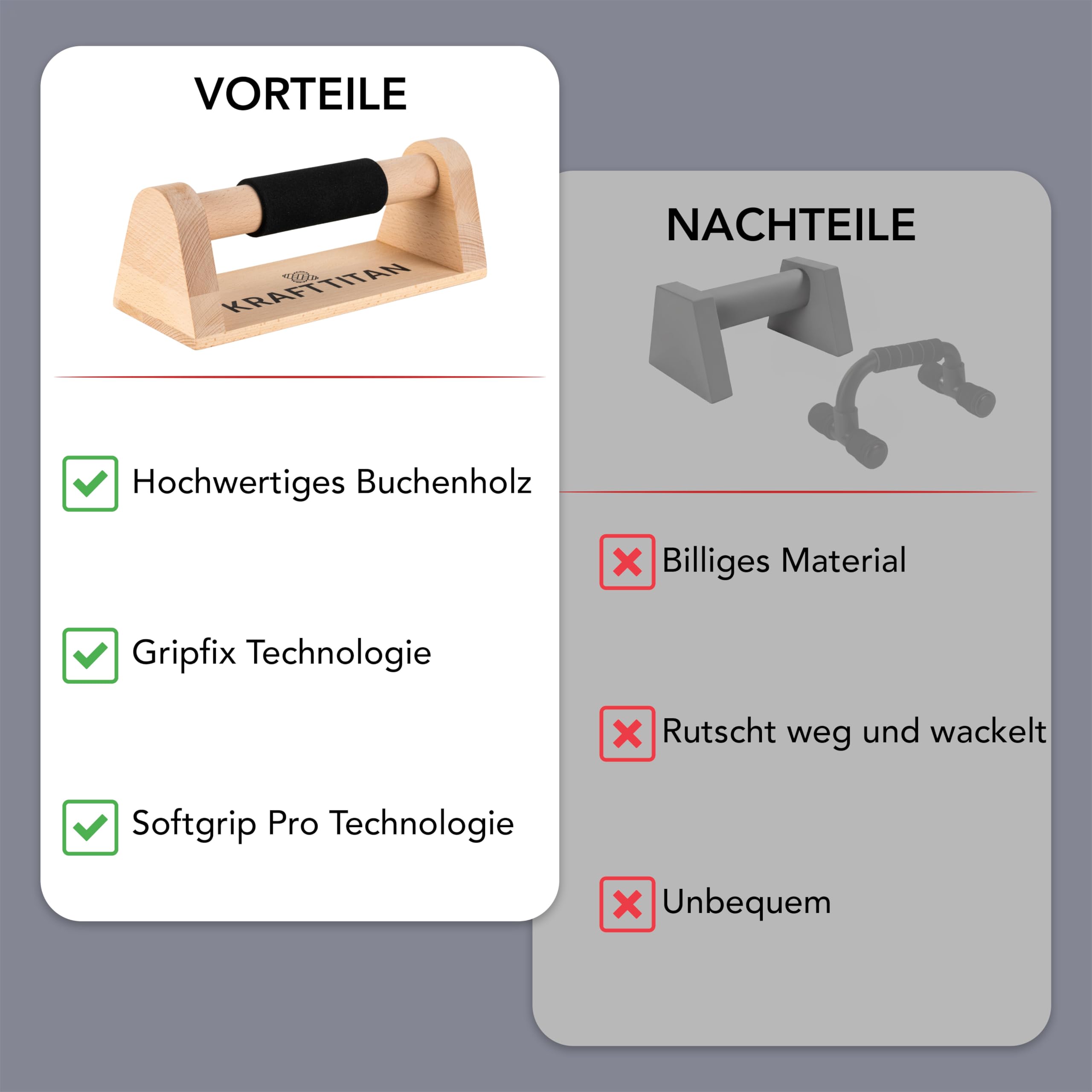 Premium Liegestützgriffe aus Holz [Extrem rutschfest und stabil] mit Soft Grip Griff | Parallettes | Ergonomische und gelenkschonende Handstand Griffe | Calisthenics Equipment