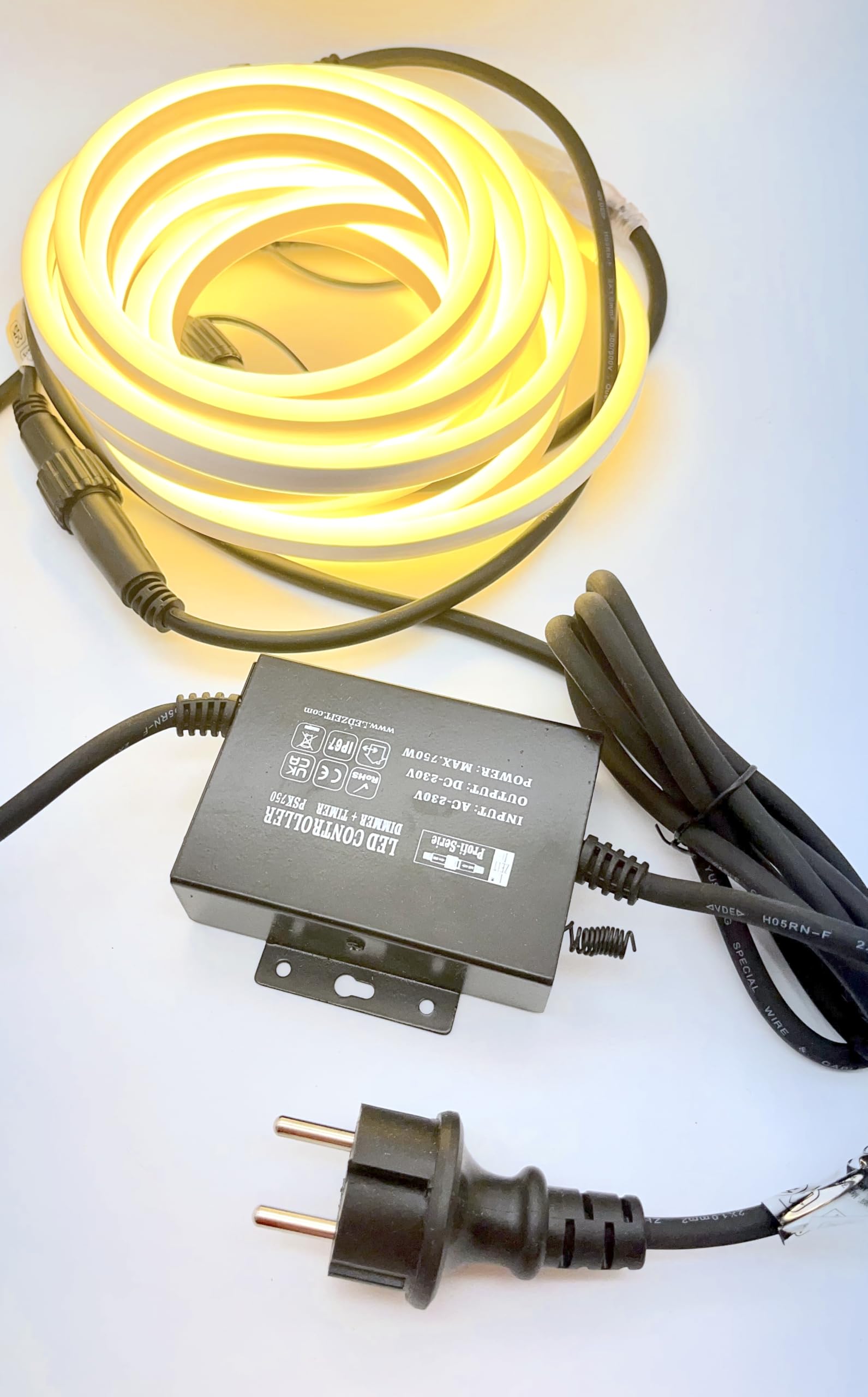 Profi Serie - LED Neon Flex 10M und Kontroller PSK750 Set, 230V, Warmweiß, Außen und Innen, Wasserdicht IP65, Dimmbar, Kürzbar
