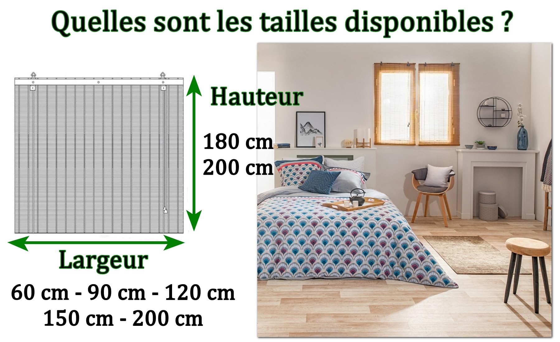 MadeInNature Store Enrouleur Baguettes Bambou, Naturel, Hauteur réglable, Largeur au Choix, Intérieur et Extérieur Zone abritée, Fixation fournie (Largeur 200x200 cm)