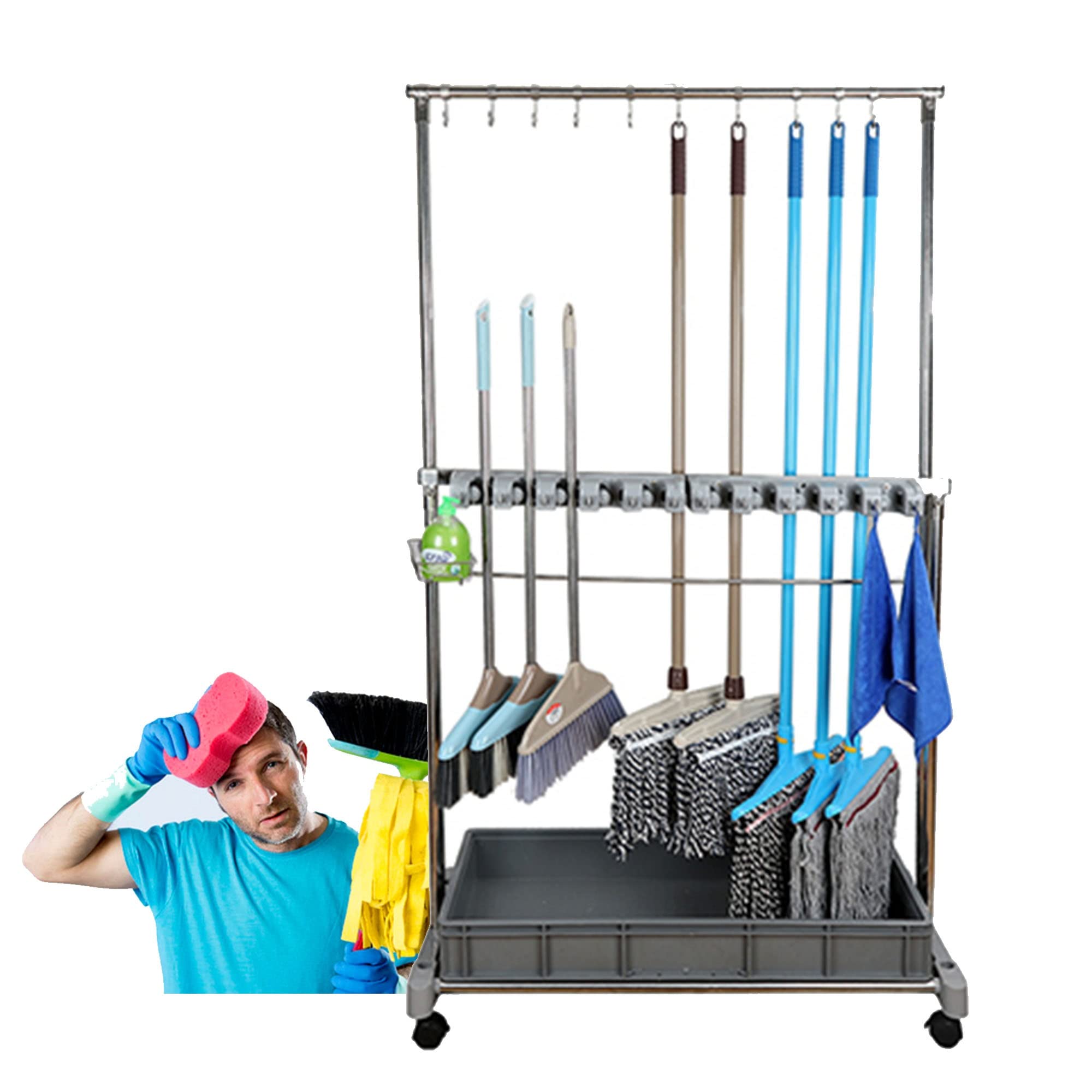 ASerZenith Movable Commercial Mop Rack,Hanging Mop And Broom Holder,Floor Standing Cleaning Tool Cart Storage,Housekeeping Cart,Home Hotels S Garden Closet Garage(Double Deck-10Slots)