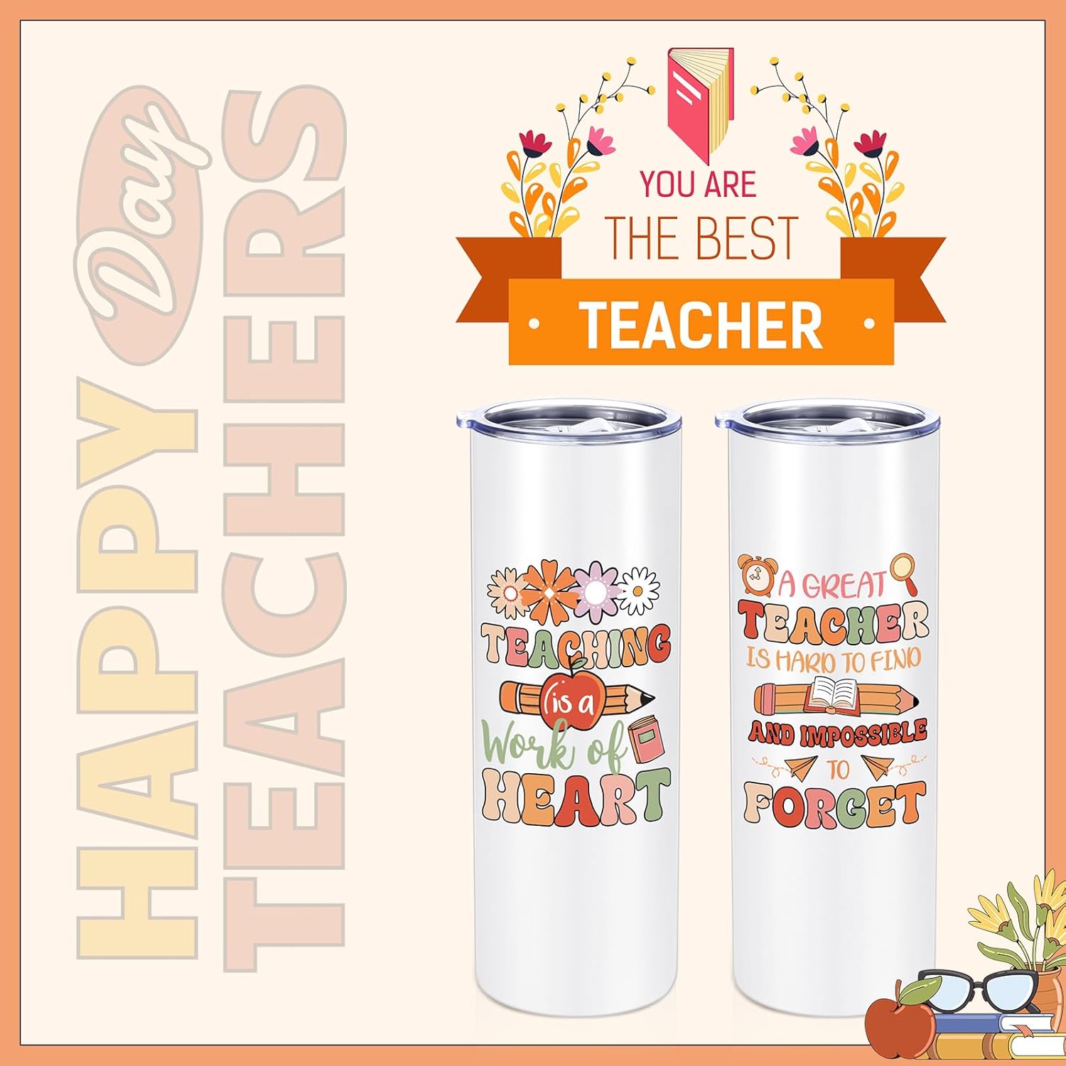Patelai 2 Pcs Teacher Appreciation Gifts Teachers Tumbler 20 oz Skinny Tumbler Stainless Steel Cup with Lid Straw Brush Thank You Present(Orange) - Image 3