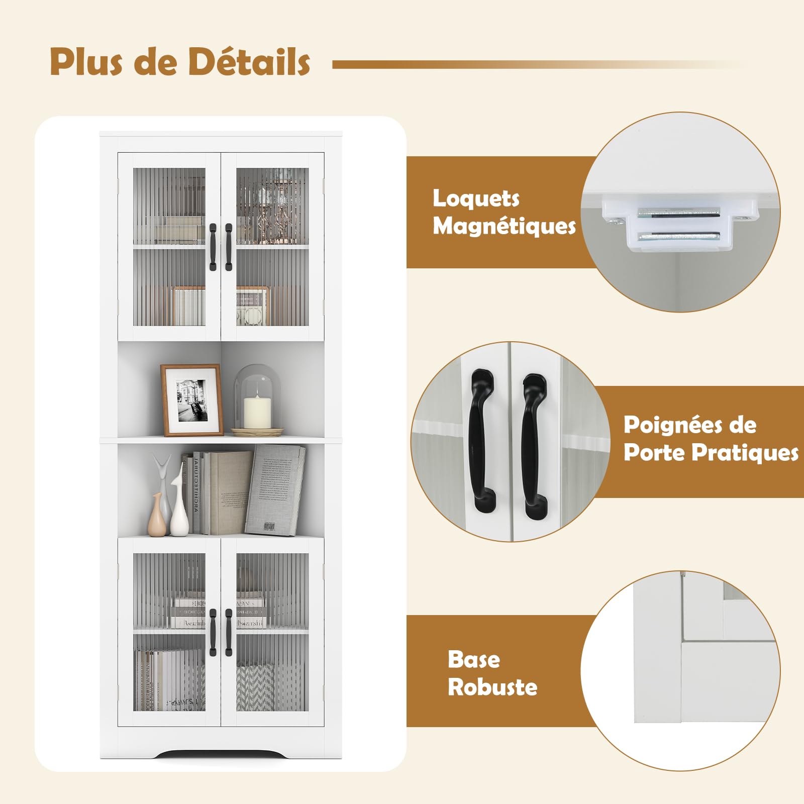 GOPLUS Armoire d'Angle de 171 CM de Haut,Meuble de Rangement à 6 Niveaux avec 4 Portes en Verre, Étagères Réglables sur 3 Niveaux, Charge 60KGpour Salle de Bain, Salon, Cuisine, 66 x 35 x 171 cm Blanc