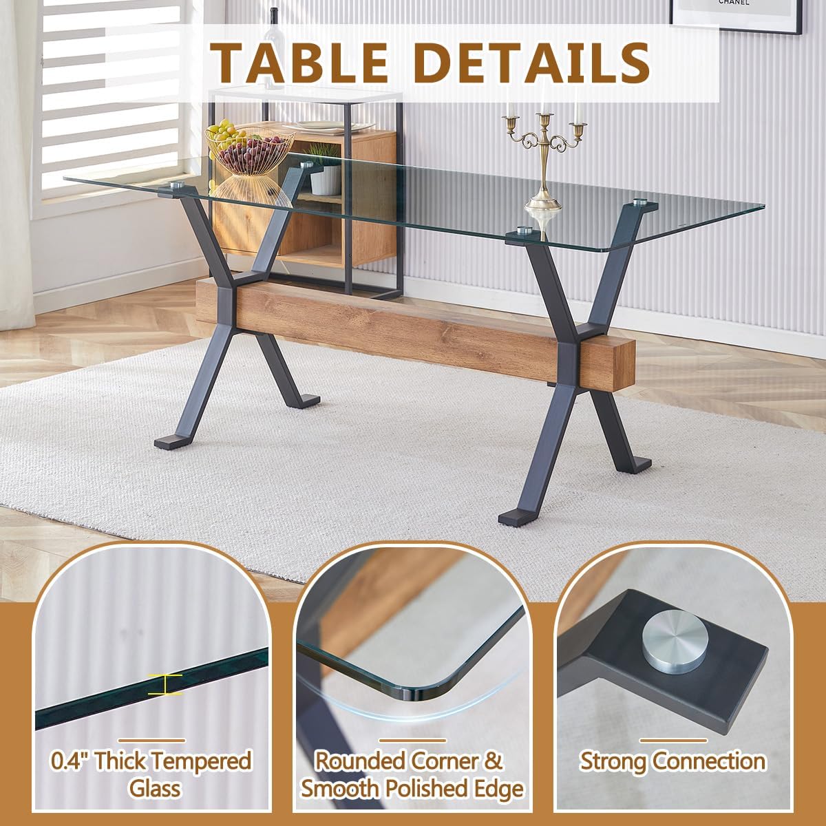 Ensemble de 6 tables de salle à manger modernes de 180,3 cm – Chaises en daim noir, pieds en X, barre transversale en bois de 1 cm d'épaisseur, plateau en verre trempé, assemblage facile, meubles de