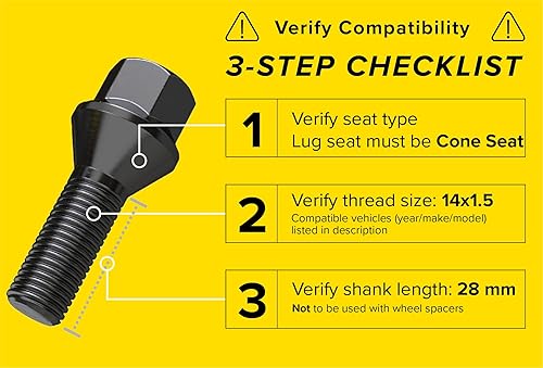 Miniatura 2 de 20 pernos de lengüeta negros de longitud OEM de 14 x 1.5 (1.063 in de longitud, asiento cónico cónico) compatibles con Audi TT A3 A4 S4 A5 S5 A6 S6