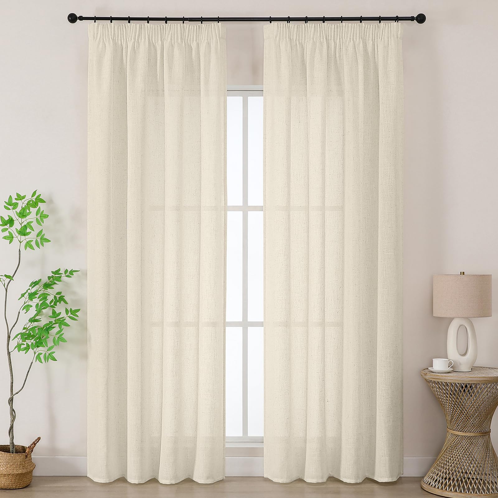 Joydeco Natural Linen Blend Voile Curtain Panels for Ceiling Track W55 x L88 Inch Drop 2 Panels, Semi Transparent Light Filtering Pencil Pleat Sheer Curtains for Bedroom Nursery Room Patio Door