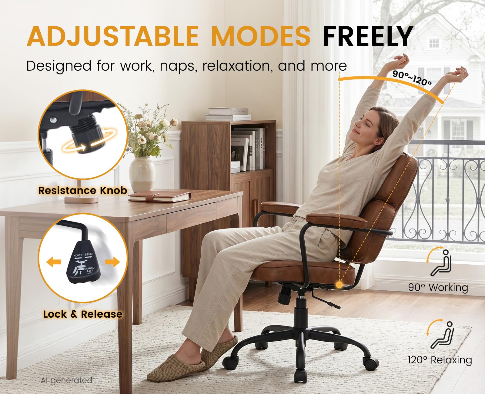 Ya-Home Silla Oficina Silla Escritorio Ergonómico con Ruedas,Marrón | PU Cuero, Respaldo y Altura Ajustable, Ruedas, FACIL DE LIMPIAR, para Estudio/Oficina, MAX 136KG