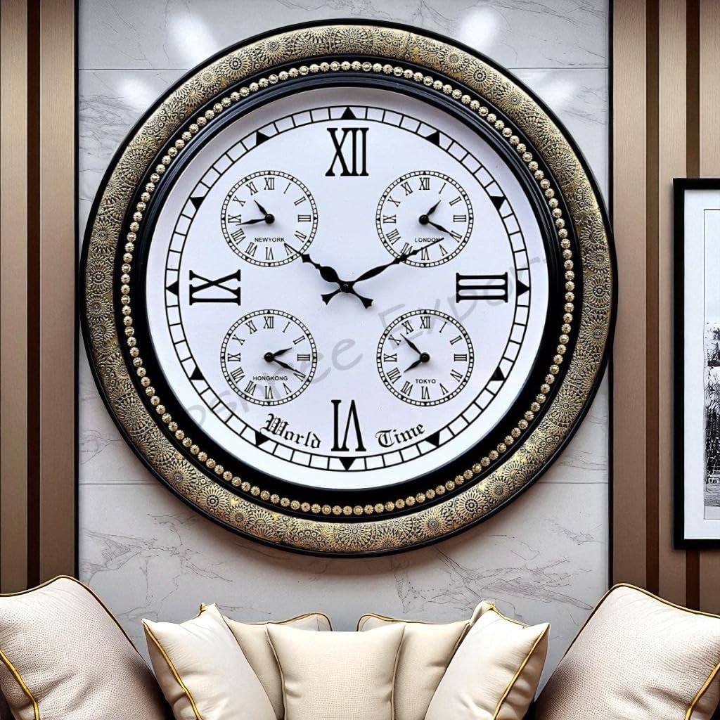 Vintage Clock Extra Large Handcrafted Brass Inlay Wooden Clock / 1 Year Warranty/World Clock (VC-1711-24-WC)