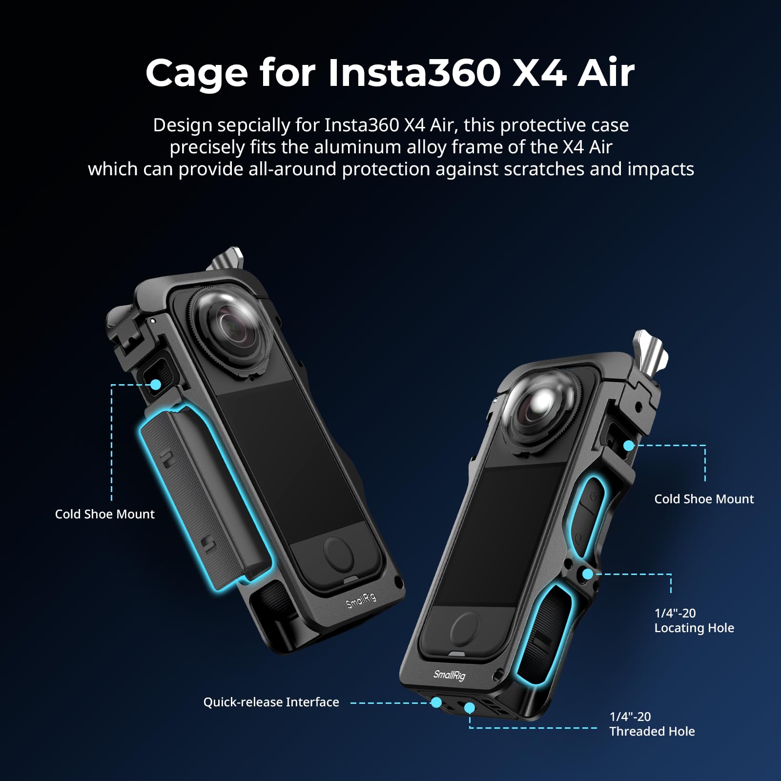 SMALLRIG Klatka na akcesoria do Insta360 X4 Air, aluminiowa obudowa ochronna doInsta360 X4 Air kamery z szybkim montażem, stopkami na zimno i gwintami 1/4", z silikonową osłoną obiektywu - 5939