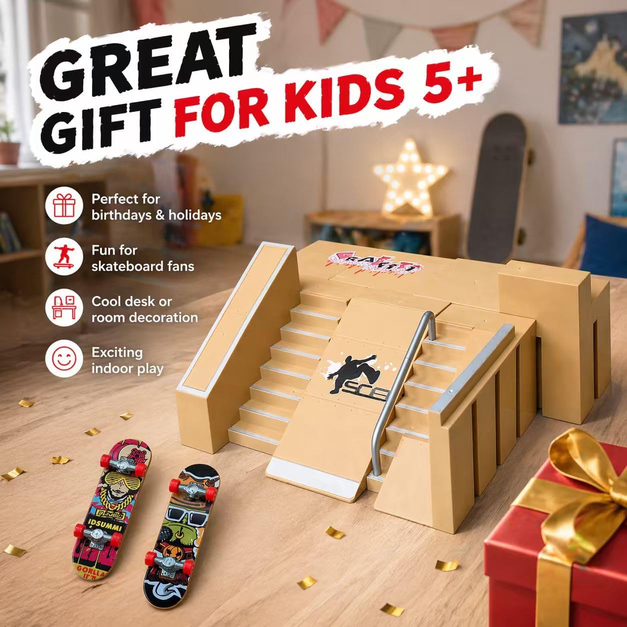8-in-1 Fingerboard Skate Park Kit with 2 Mini Fingerboards, DIY Finger Skateboard Ramp Set for Kids Ages 5+