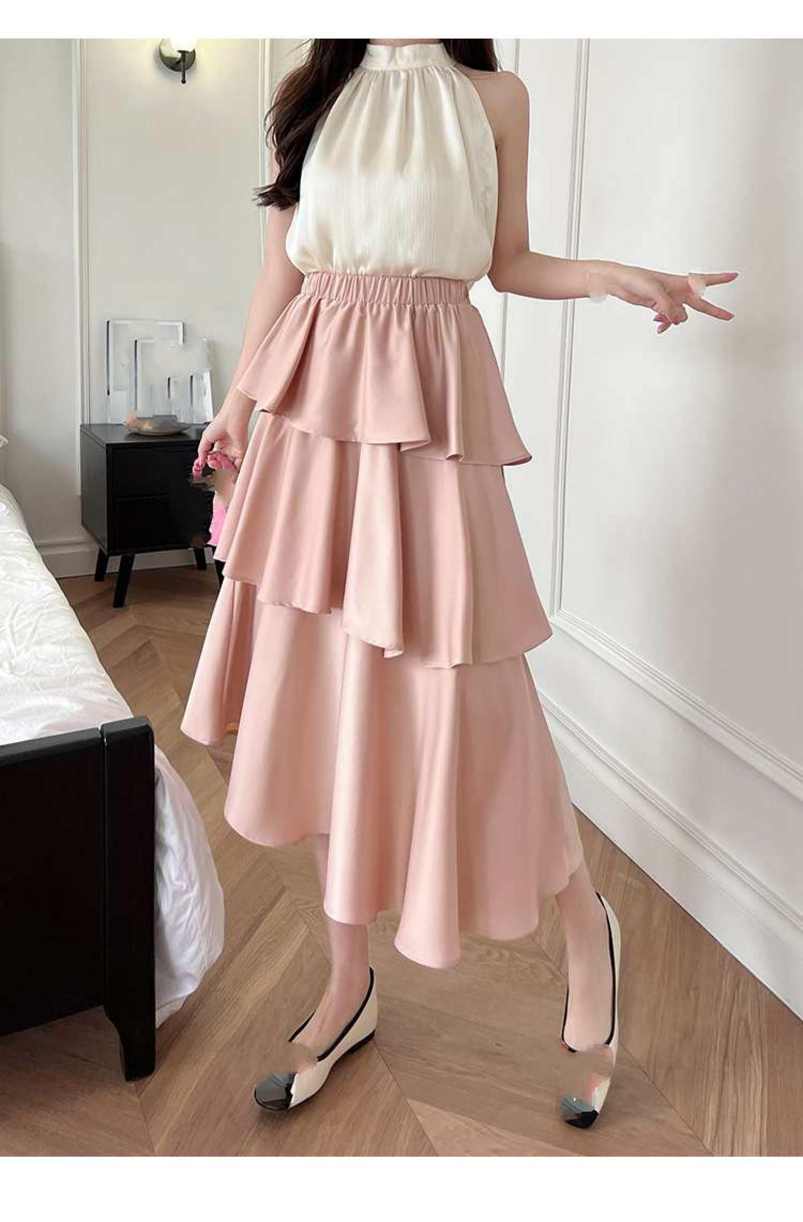 Jupe De Gâteau en Satin De Fibre De Vinaigre Taille Haute pour Femme - Été Polyvalent Couleur Unie Taille Élastique Jupe Mi-Longue Petite Jupe À Volants Irrégulier Une Ligne Jupe Longue,