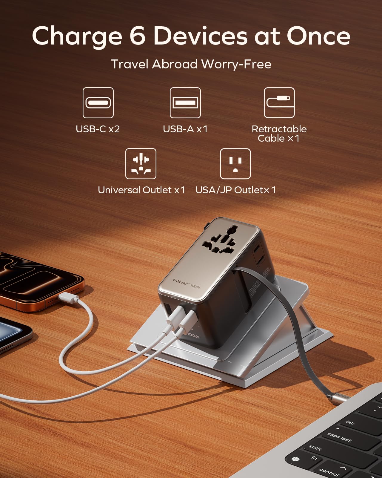MOMAX Universal Travel Adapter with Cable, 100W GaN Travel Plug Adapter with UK/EU/AU/US Plugs, 2 USB-C PD & 1 USB-A QC International Adapter Charger, Adapter Plug for Laptops Tablets Phones — view 2