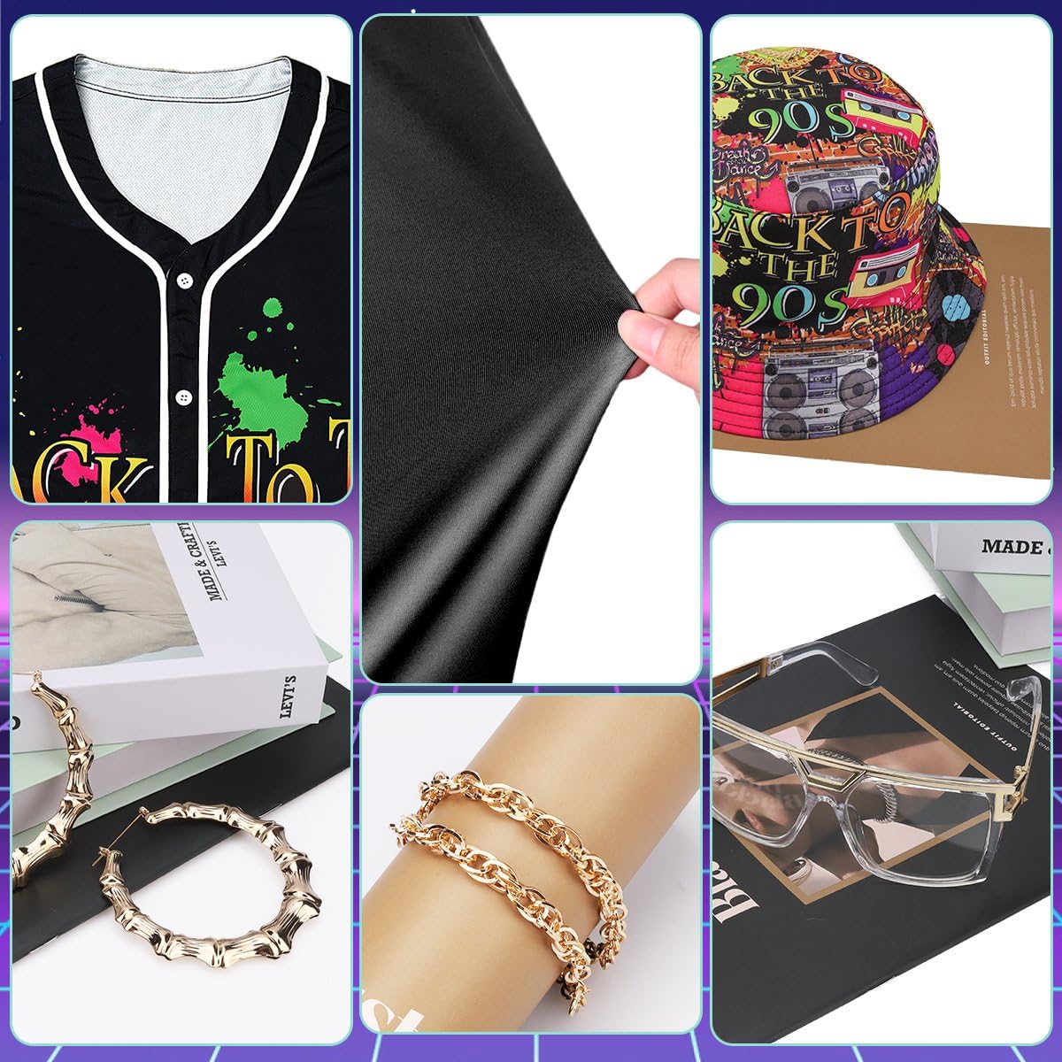 WILDPARTY 80s 90s Hip Hop Costume Outfit for Women Baseball Jersey Shirt Yoga Pants Bucket Hat Gold Chain Rapper Accessories 1990s 1980s Neon Clothes Retro Party Pattern-H XL - Image 4