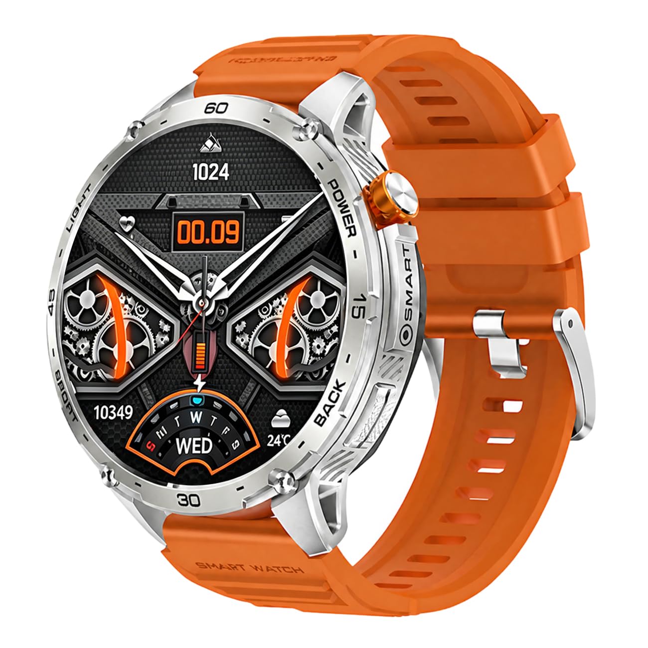 Montre Connectée Homme Sport Écran Large 5,2 Cm, Montre Sport Homme avec Lampe Torche, GPS, Montre Running Homme Multiples Modes Sportifs Silver Orange,27 * 5.2 * 1.2cm