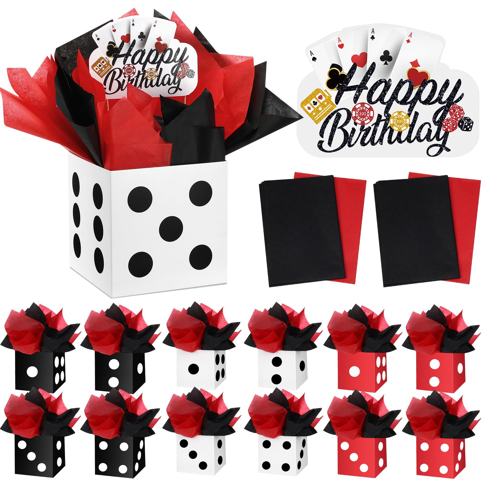 Foilswirl 12 Set Casino Theme Birthday Party Decorations for Table Centerpiece with Dice Box Poker Cutouts Sticks Black and Red Tissue Paper for Game