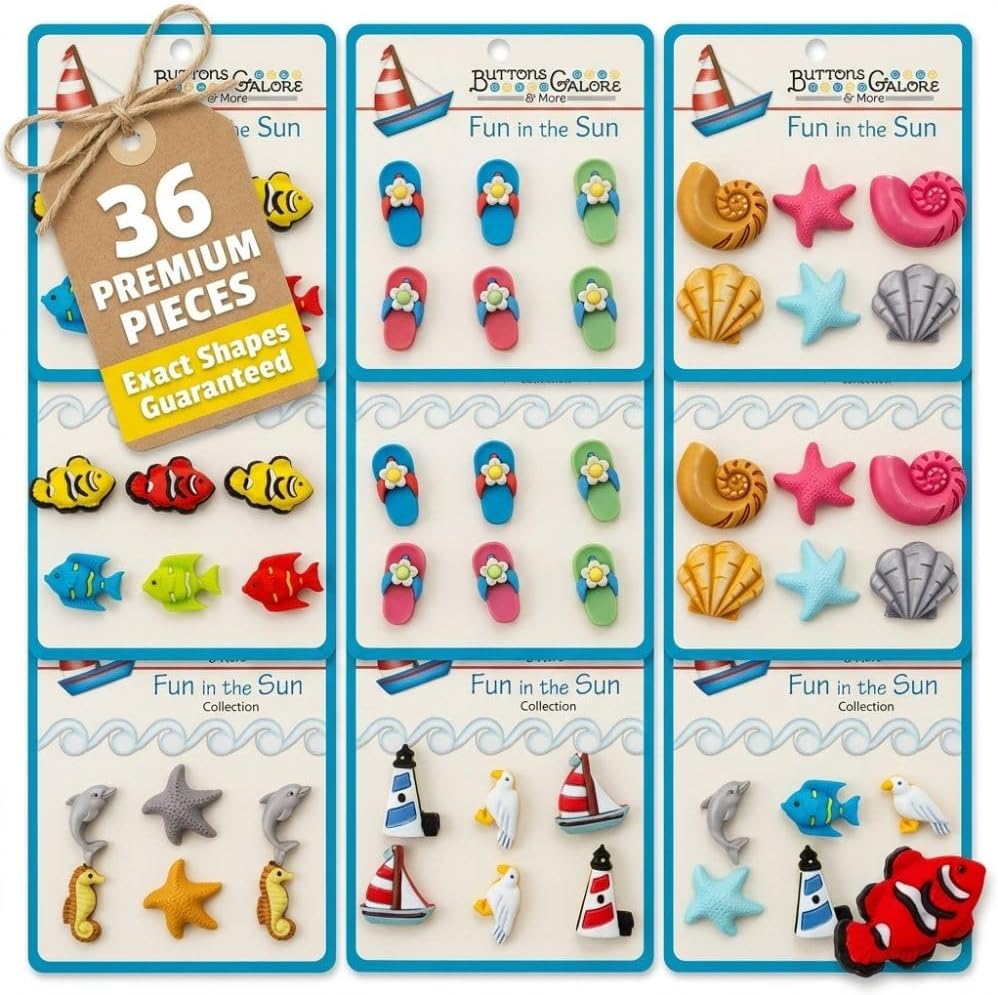 Buttons Galore Fun in The Sun Button Set – 36-Piece Summer-Themed Craft & Sewing Buttons, Includes Flip Flops, Seashells & Starfish for DIY, Scrapbooking & Accessories