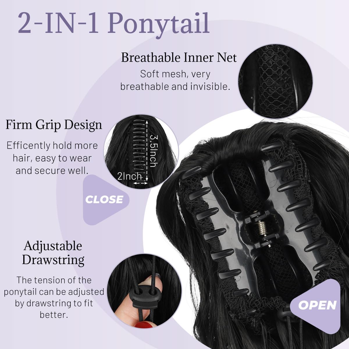 JIAMEISI Claw Clip Ponytail Hair Extensions 18 Inch Ponytail Extension Long Curly Wavy Jaw Clip in Pony Tails Extension Synthetic Fluffy Hairpiece for Women Girls Daily Use Party Black - Image 4
