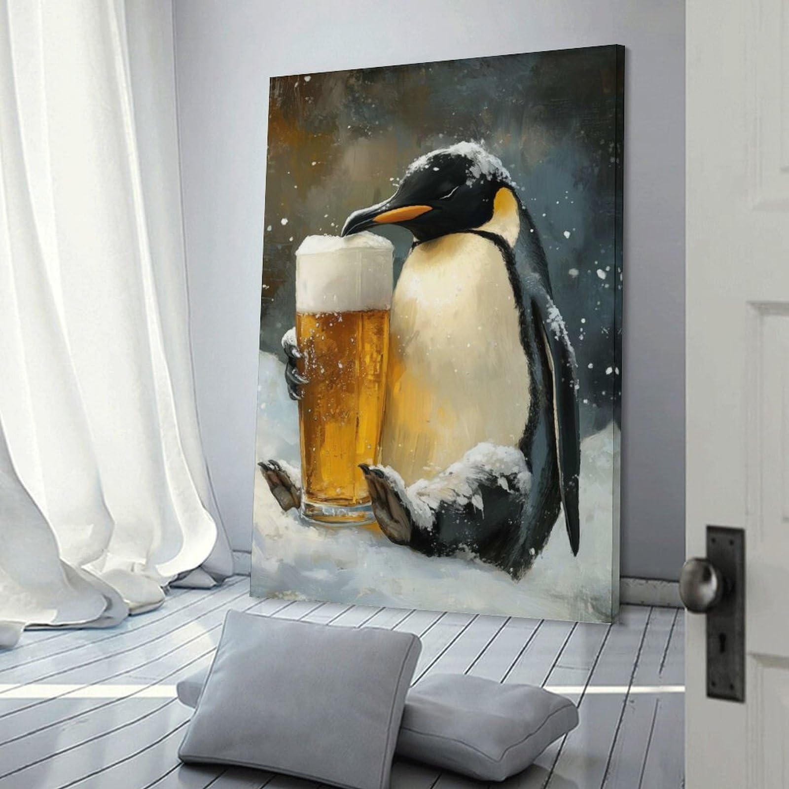 Junmoney Frame-Style-17 Home Decor Wall Art Penguin With Beer Glass In Snow, 20X30inch(50X75cm), For Bedroom Decor, Cosy Corners Or Studios, Decorative Wall Art For Cosy Rooms