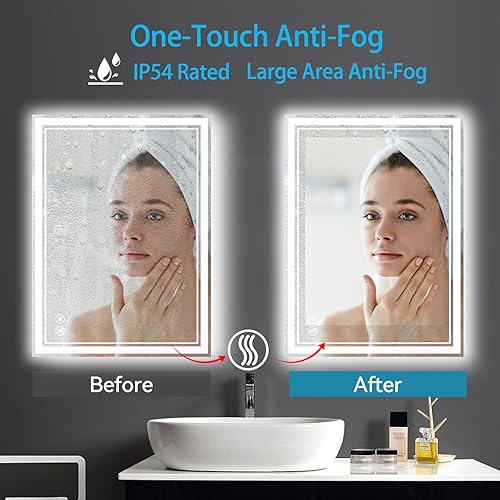 Miniatura 3 de Espejo LED de baño de 24 x 32 pulgadas, antiempañante, regulable, 3 colores, espejo LED frontal y retroiluminado para baño, espejo iluminado para