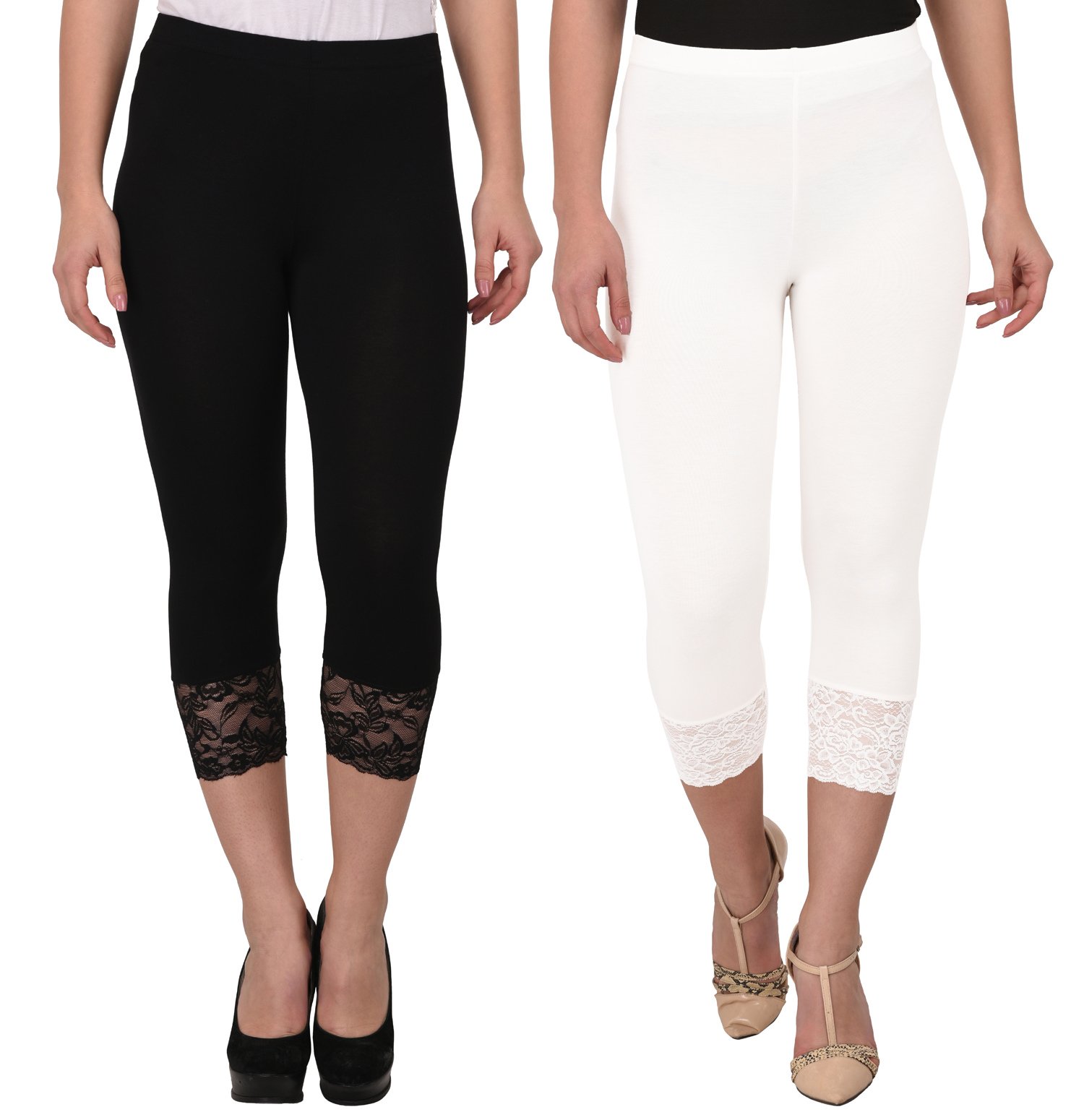 ESPRESSO Women Viscose/Spandex 3/4th Capri Pant with Bottom Lace-Halfwhite/Black (Pack of 2) - Regular and Plus Size