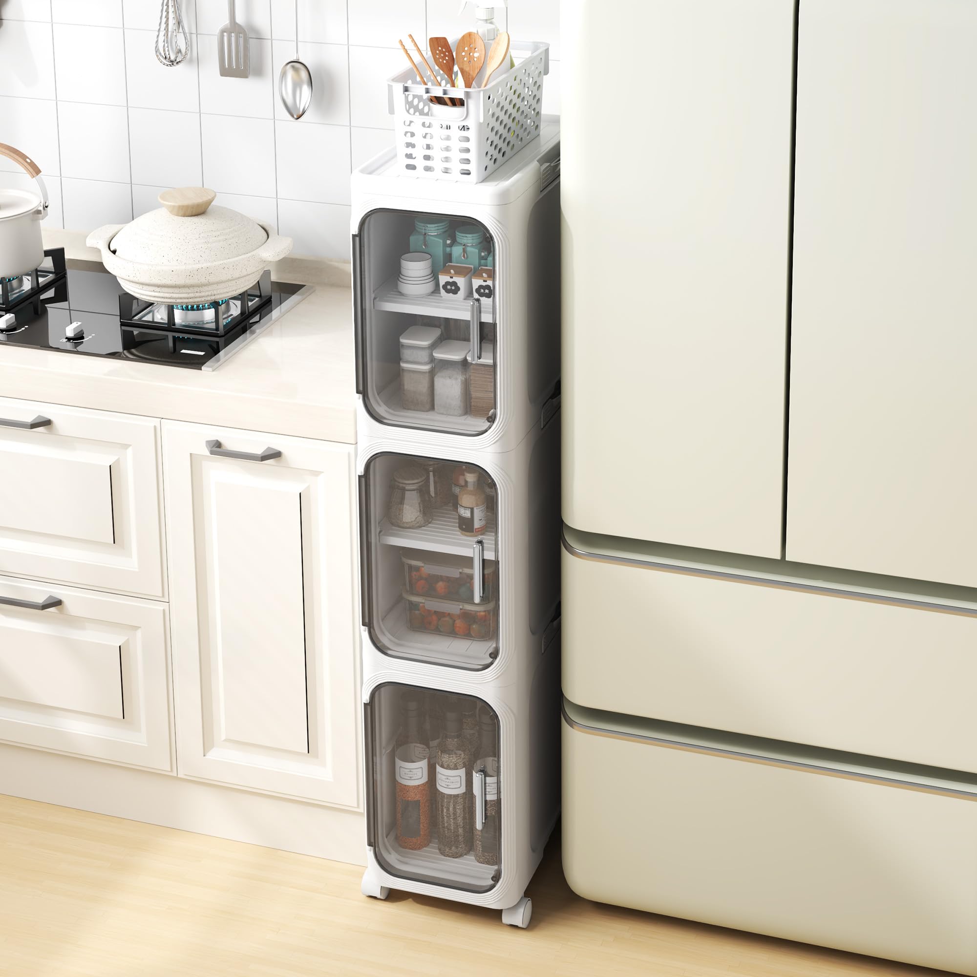 Badezimmerschrank, 20cm Schmaler badschrank aus Kunststoff mit Tür, wasserdichter Kleiner Rollwagen mit Rädern, Regal für Badezimmer, Wohnzimmer, Küche (21W*97H*34D)