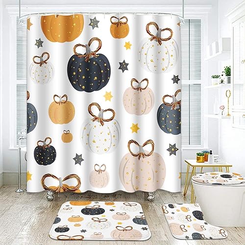 ArtSocket Juego de baño de otoño con cortina de ducha y accesorios de alfombras, cortina de ducha de gnomo de árbol de arce, calabaza para baño,