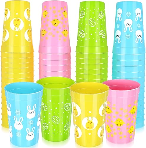 Meanplan 60 vasos de plástico reutilizables de Pascua, vaso de fiesta de conejo, 12 onzas, tazas de café, café, decoración de Pascua, suministros de