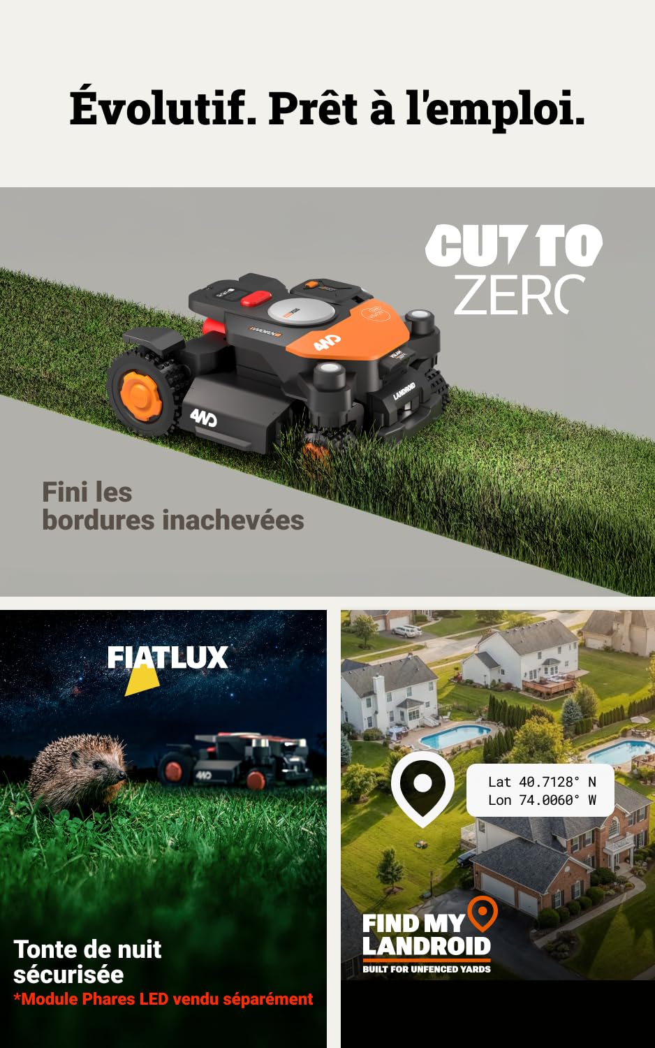 WORX Vision Cloud 4WD WR344E Robot Tondeuse 4000 m² sans Fil périphérique + Garage + Antivol (évitement d'obstacles par IA, Navigation VSLAM + RTK Cloud, Pente de 84%, cartographie Auto, Cut-to-Zero)